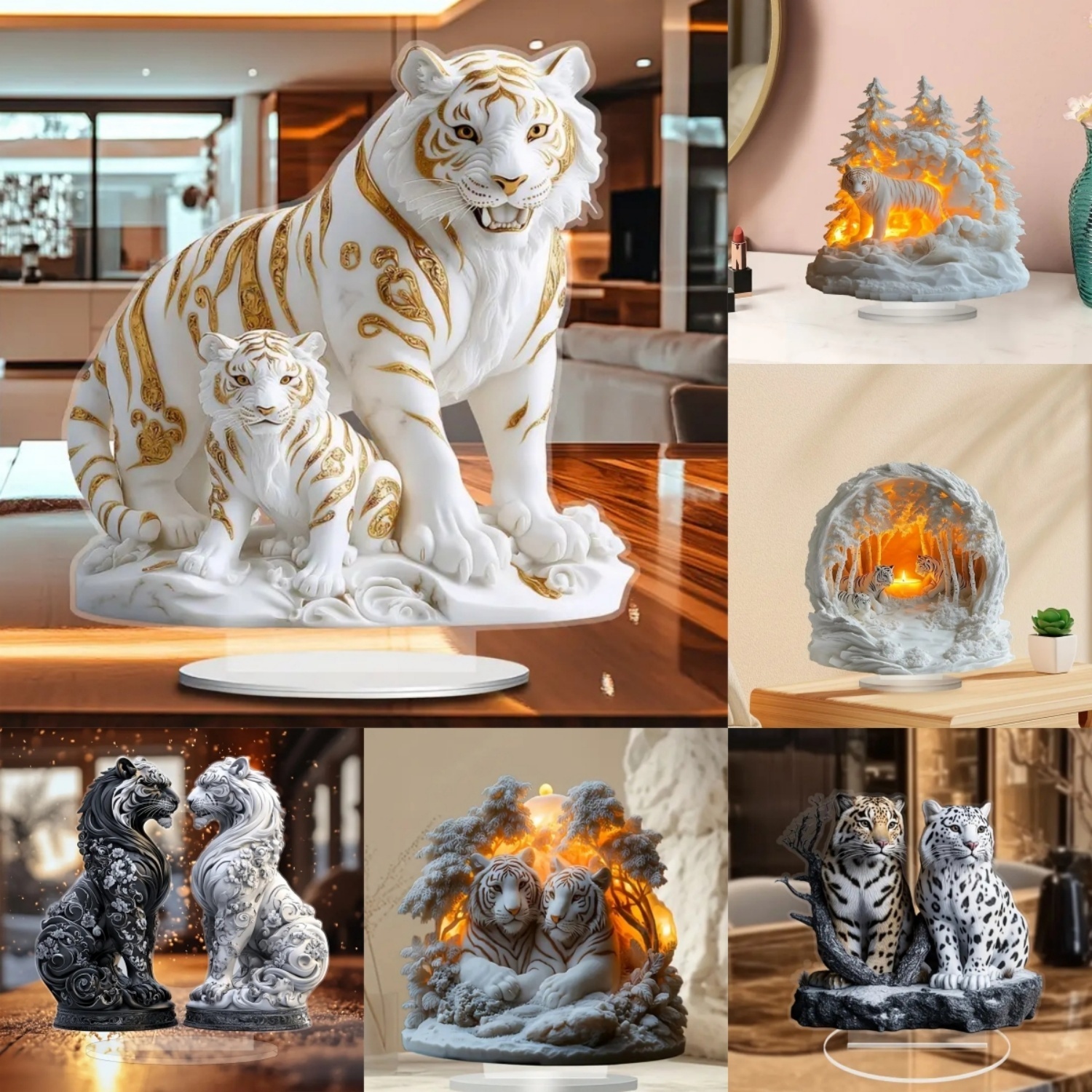 Office Table Home - Two Tigers Statue,2D Flat Animals Acrylic