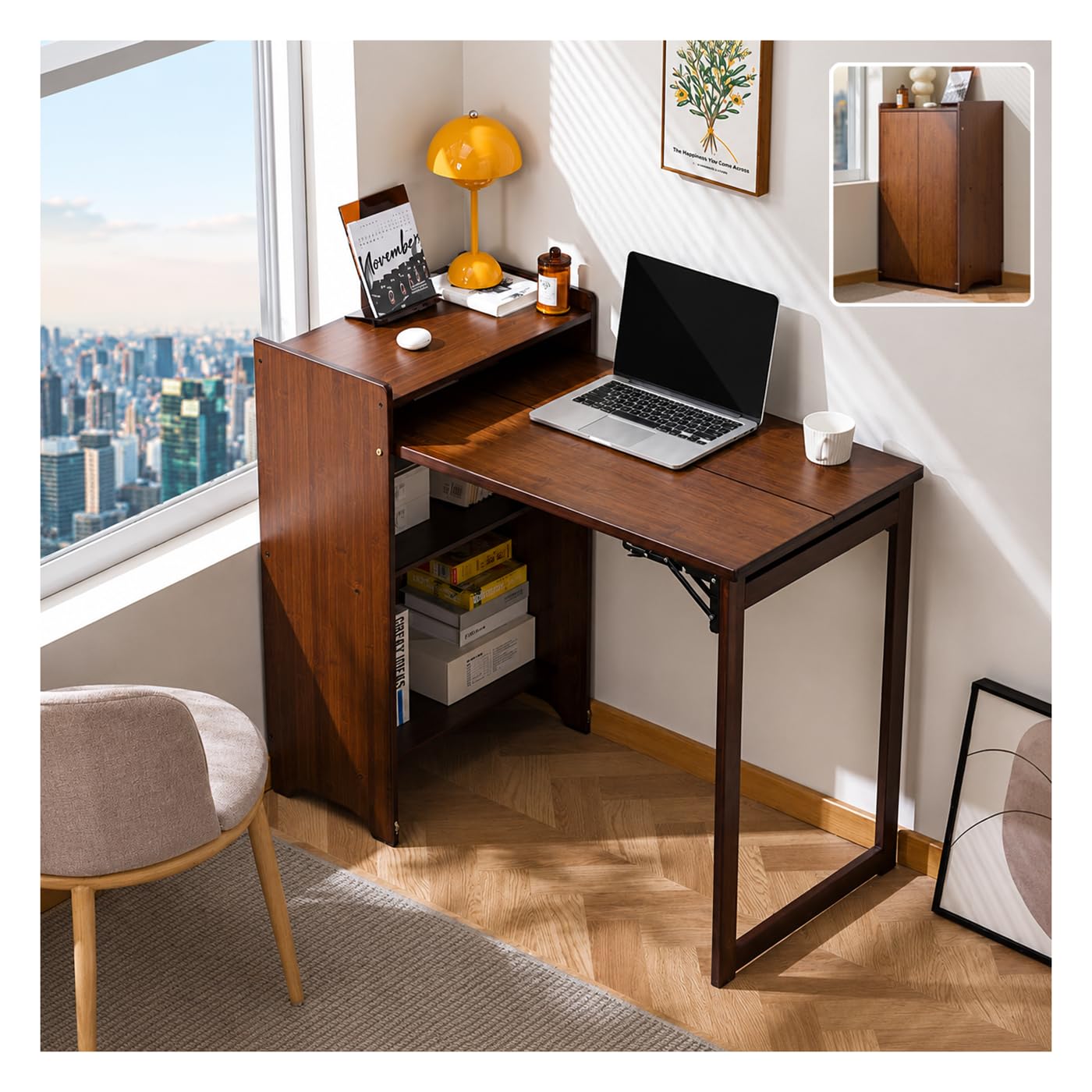 Home Office Hideaway Desk - Bamboo Folding Desk With Storage Shelves