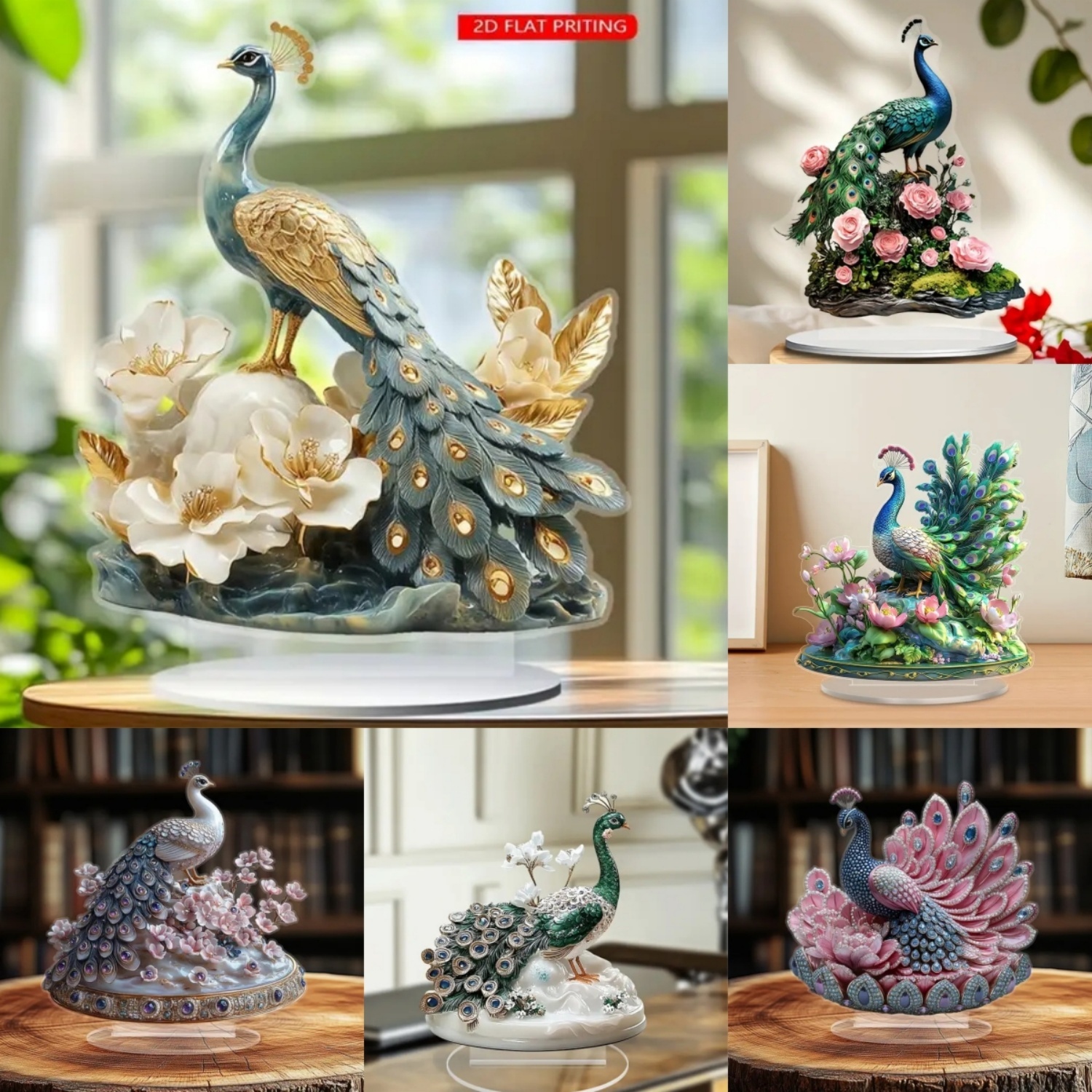 Office Table Home - 2D Flat Acrylic Elegant Peacock Fiowers