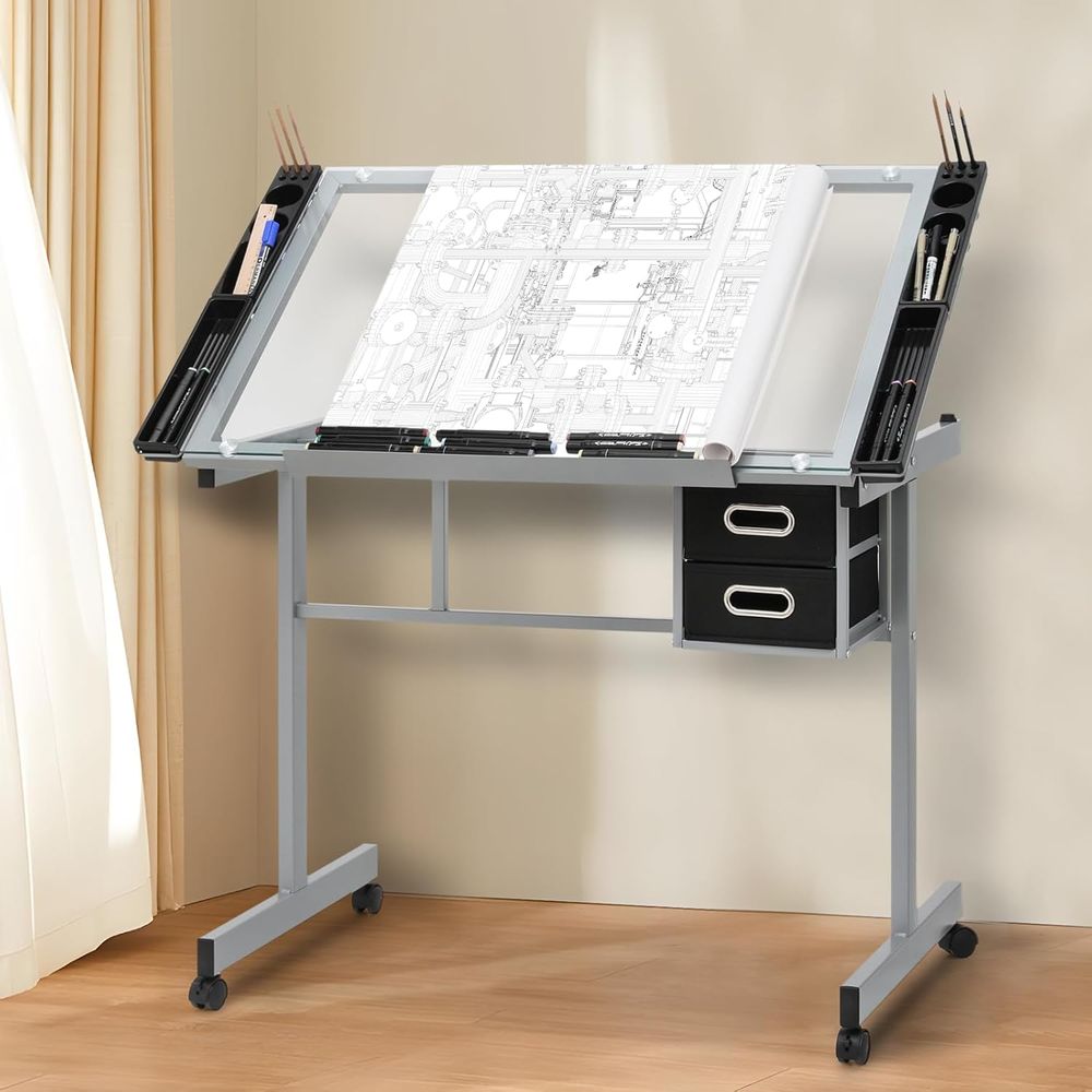 Office Table Home - Adjustable Glass Top Dining Table with