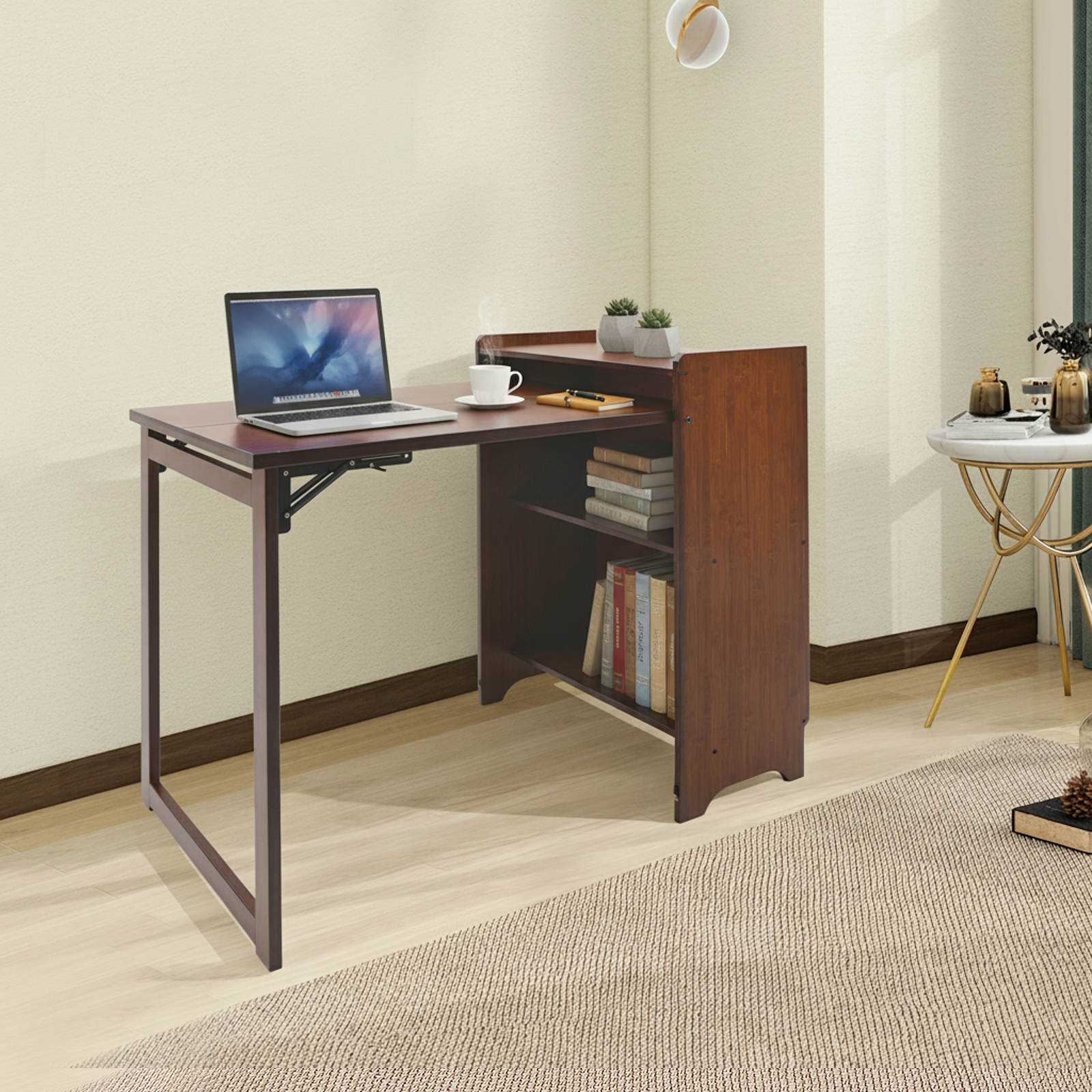 Home Office Hideaway Desk - Folding Desk with Storage Shelves, Floor