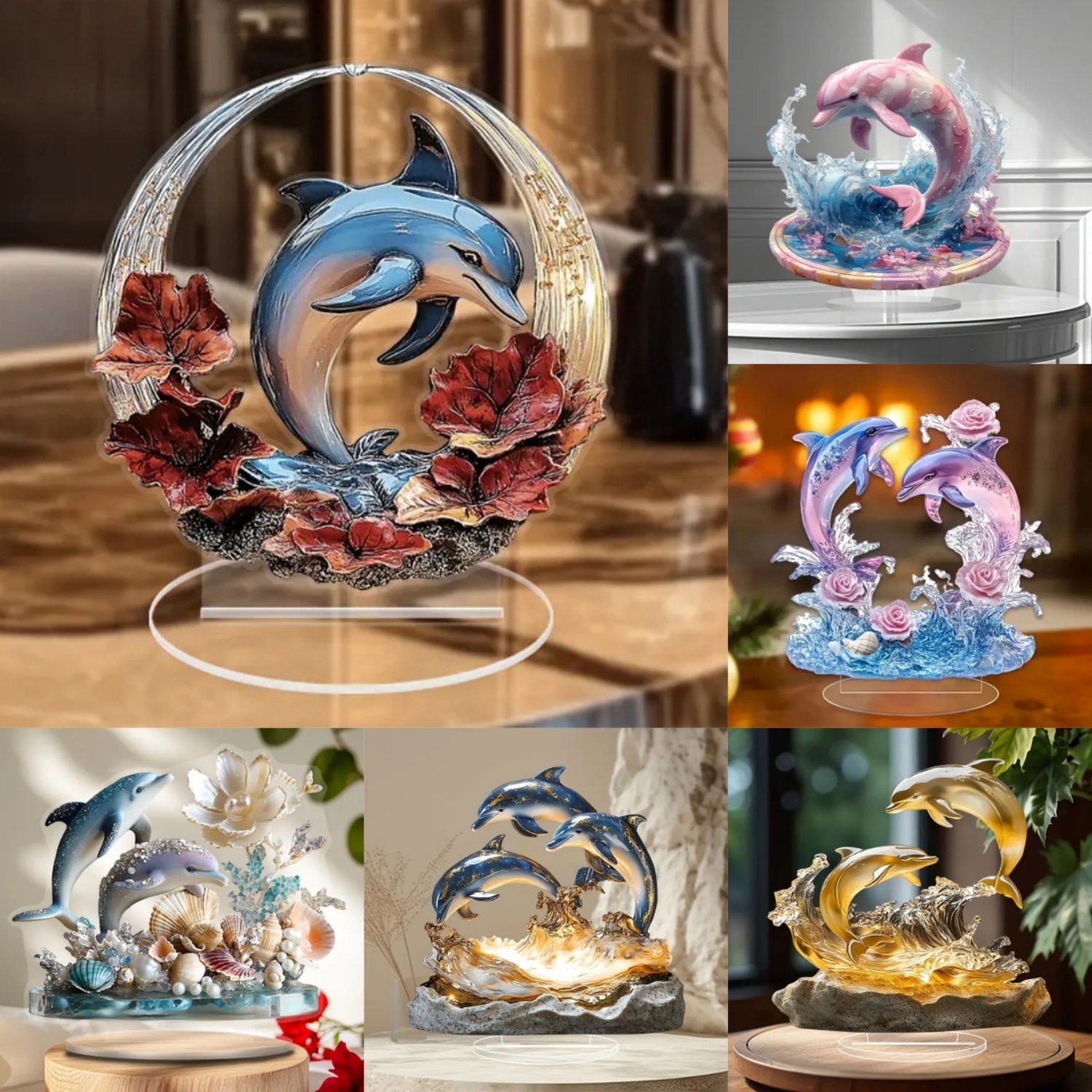 Office Table Home - 2D Flat Acrylic Romantic Dolphin Statue,marine