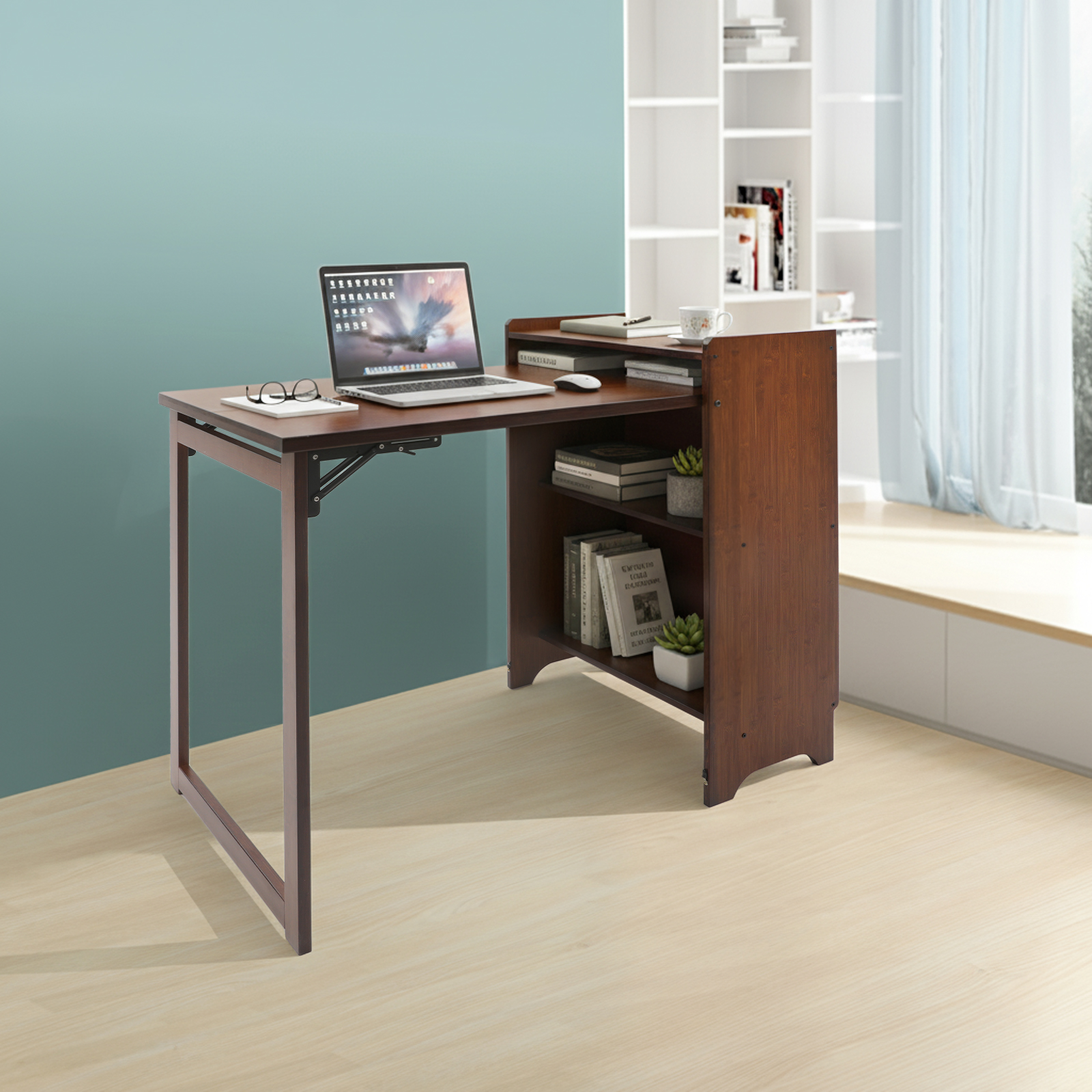 Walnut Color Folding Desk With - Home Office Hideaway Desk ulasan dan harga