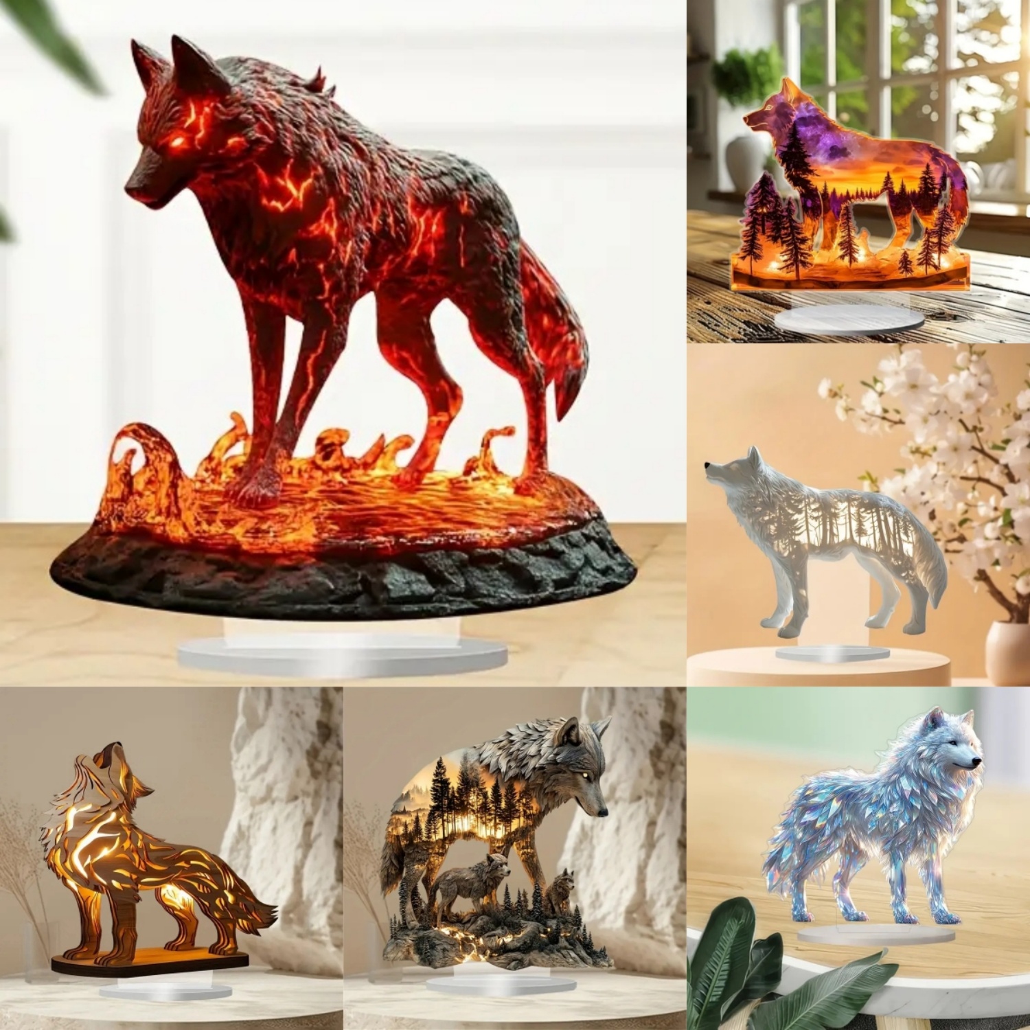 Flame Wolf Statue,2D Flat Acry - Office Table Home ulasan dan harga